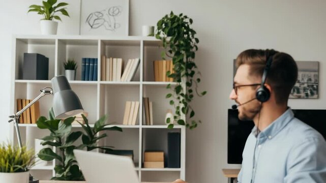 A smiling man in a blue shirt wearing a headset engaged in a video call while working on a laptop at a modern home office with plants and bookshelves in the background