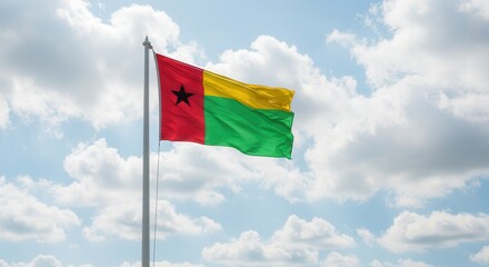 Guinea Bissau National Flag Waving on Tall Flagpole in Sky with Clouds – Guinea Bissau Independence Day Celebration, Patriotism, Freedom, Guinea Bissau Culture & Heritage