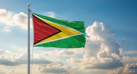 Guyana National Flag Waving on Tall Flagpole in Sky with Clouds – Guyana Independence Day Celebration, Patriotism, Freedom, Guyana Culture & Heritage