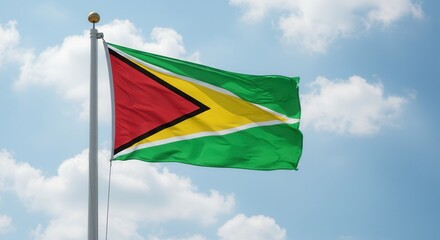 Guyana National Flag Waving on Tall Flagpole in Sky with Clouds – Guyana Independence Day Celebration, Patriotism, Freedom, Guyana Culture & Heritage