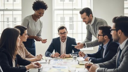 A diverse group of professionals engaged in a collaborative meeting analyzing data charts and discussing strategies in a bright modern conference room with large windows - Powered by Adobe
