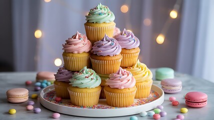 Delicious colorful cupcakes and macarons are perfect for a party, celebration, or sweet indulgence