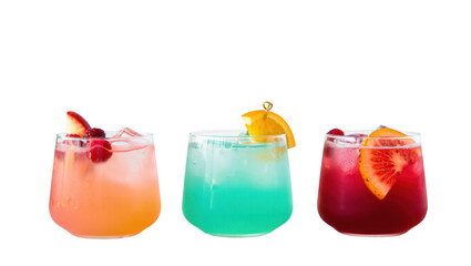 Three colorful refreshing cocktails with fruit garnishes isolated on transparent background