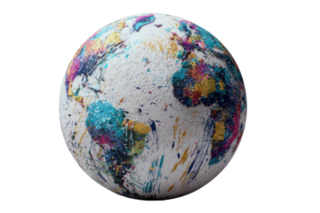 A 3D render of a paint-splattered Earth, showcasing vibrant colors and textured surface. background removed