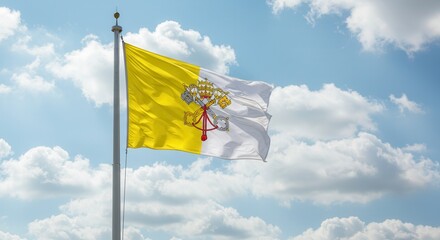 Vatican City National Flag Waving on Tall Flagpole in Sky with Clouds &ndash; Vatican City Independence Day Celebration, Patriotism, Freedom, Vatican City Culture & Heritage