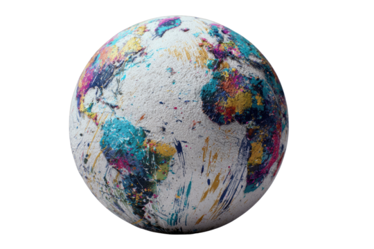 A 3D render of a paint-splattered Earth, showcasing vibrant colors and textured surface. background removed