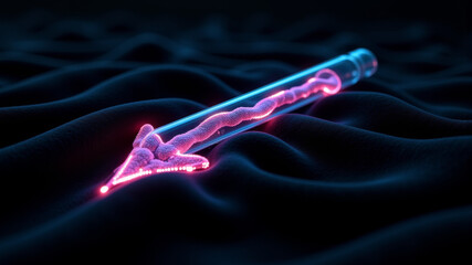 Pink arrow shape grown from fluorescent bacteria in lab dark field view