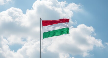 Hungary National Flag Waving on Tall Flagpole in Sky with Clouds &ndash; Hungary Independence Day Celebration, Patriotism, Freedom, Hungary Culture & Heritage