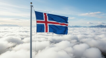 Iceland National Flag Waving on Tall Flagpole in Sky with Clouds – IcelandIndependence Day Celebration, Patriotism, Freedom, Iceland Culture & Heritage
