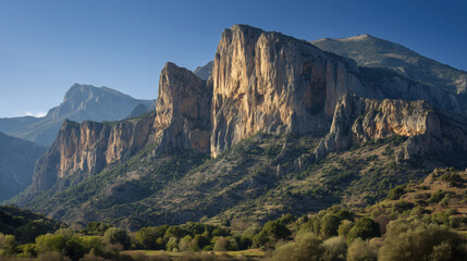 Mountain landscape with towering cliffs and green valleys under blue sky