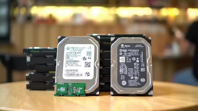 Hard drives on cafe table.