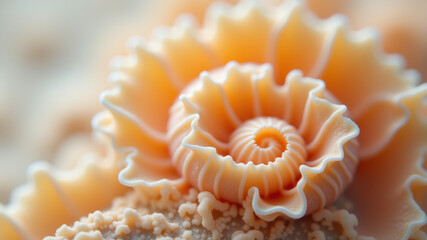 Close view of ruffled orange microbial colony forming spiral coral texture