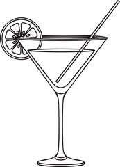 Cocktail Glass Vector Icon &ndash; Minimalist Martini with Straw and Citrus Slice Outline for Bar Menus and Party Graphics