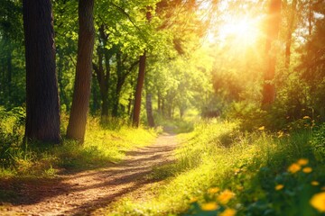 Fototapeta premium The park offers a summer view of its pine and fir forest along a pathway