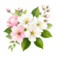 Obraz premium Delicate pink and white floral arrangement with green leaves isolated on transparent background