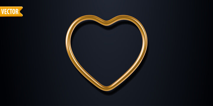 Golden heart shaped outline with highlights and shadows isolated on dark background. Gold heart minimalist style for romantic, Valentines Day, wedding or luxury greeting card design. 3d vector heart