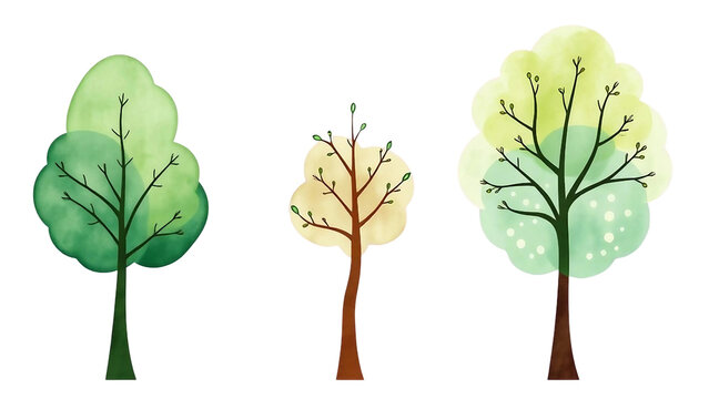 fantasievolle B&auml;ume im Aquarellstil &ndash; pasrellfarbe, transparenter Hintergrund Freigestellt,  perfekt f&uuml;r saisonale Designs.