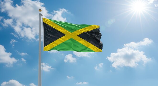 Jamaica National Flag Waving on Tall Flagpole in Sky with Clouds – Jamaica Independence Day Celebration, Patriotism, Freedom, Jamaica Culture & Heritage
