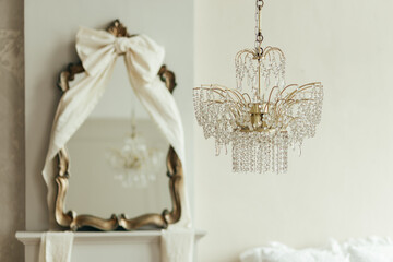 Crystal chandelier in the bedroom of a mansion