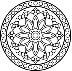 Elegant Mandala with Floral Motif and Geometric Circle Border, Black and White Line Art Illustration for Coloring or Design Projects                  