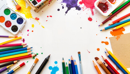 Colorful art supplies scattered on desk, inspiring creativity