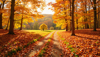 Fototapeta premium Scenic forest path with autumn leaves in midday sunlight, Thanksgiving