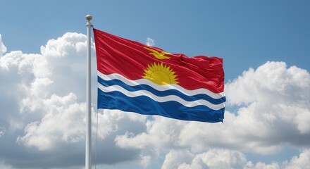 Kiribati National Flag Waving on Tall Flagpole in Sky with Clouds – Kiribati Independence Day Celebration, Patriotism, Freedom, Kiribati Culture & Heritage