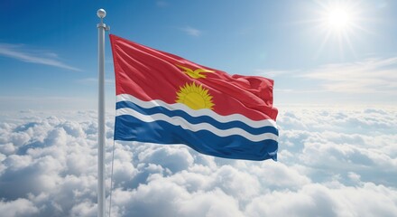 Kiribati National Flag Waving on Tall Flagpole in Sky with Clouds – Kiribati Independence Day Celebration, Patriotism, Freedom, Kiribati Culture & Heritage
