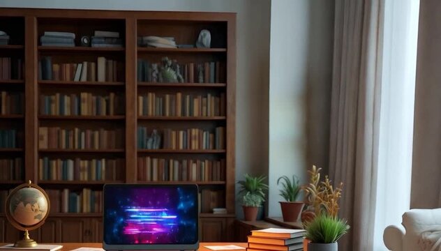 A realistic interior view of a study room with a large wooden bookshelf filled with books, rocket growth up fly from globe, laptop displaying a neon abstract image, and potted plants 