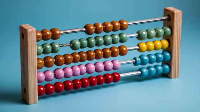 Wooden abacus on a blue background, Wooden abacus for children. Wooden abacus close-up - Powered by Adobe
