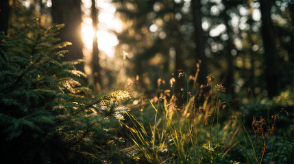 A sunlit view of a forest, with lush foliage. The photo captures the interplay of sunlight and nature, highlighting the beauty and tranquility of the natural world.