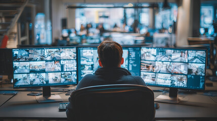 A security personnel attentively monitors a network of surveillance cameras displaying various live video feeds on multiple screens, inside control room