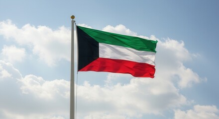 Kuwait National Flag Waving on Tall Flagpole in Sky with Clouds &ndash; Kuwait Independence Day Celebration, Patriotism, Freedom, Kuwait Culture & Heritage