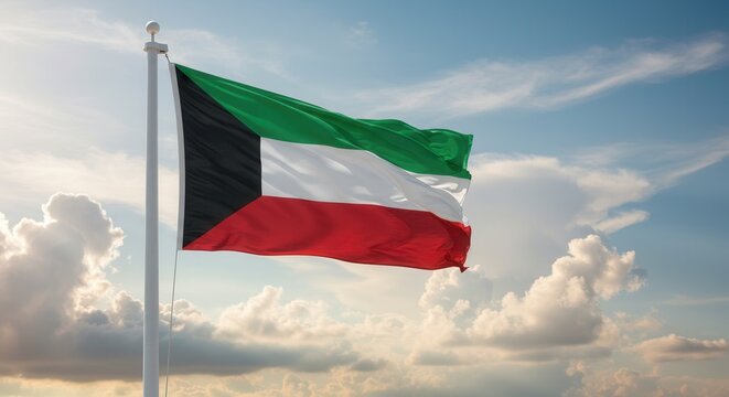 Kuwait National Flag Waving on Tall Flagpole in Sky with Clouds – Kuwait Independence Day Celebration, Patriotism, Freedom, Kuwait Culture & Heritage