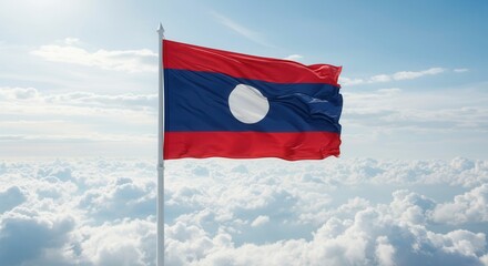 Laos National Flag Waving on Tall Flagpole in Sky with Clouds – Laos Independence Day Celebration, Patriotism, Freedom, Laos Culture & Heritage