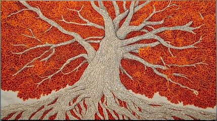 the image showcases a stylized rendition of a large tree with a pronounced trunk and root system