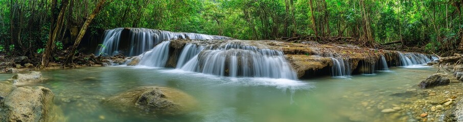 The deep forest of Thailand contains a picturesque waterfall that is panoramic and beautiful