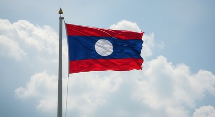 Laos National Flag Waving on Tall Flagpole in Sky with Clouds – Laos Independence Day Celebration, Patriotism, Freedom, Laos Culture & Heritage