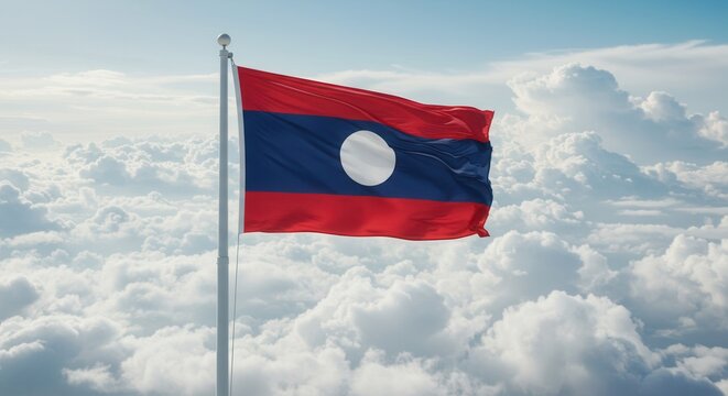 Laos National Flag Waving on Tall Flagpole in Sky with Clouds – Laos Independence Day Celebration, Patriotism, Freedom, Laos Culture & Heritage
