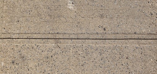 Close-up of a concrete sidewalk surface with visible aggregate and straight expansion joint lines. Detailed urban texture showing grit, small stones, and rough cement finish