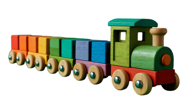 Wooden toy train with colorful blocks on green background