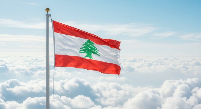 Lebanon National Flag Waving on Tall Flagpole in Sky with Clouds – Lebanon Independence Day Celebration, Patriotism, Freedom, Lebanon Culture & Heritage