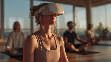Vr meditation and yoga class with headset for wellness and relaxation in a studio with virtual reality