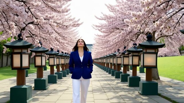 Confident woman walking through cherry blossom alley
