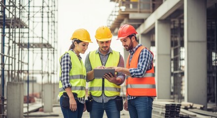 Group of construction professionals using tablet for site inspection.