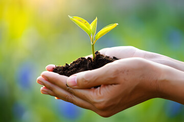 Fototapeta premium Nurturing Growth A Tender Hand Cultivating New Life with Care and Precision Symbolizing Hope and Renewal in the Gentle Embrace of Nature's Promise for Future Generations