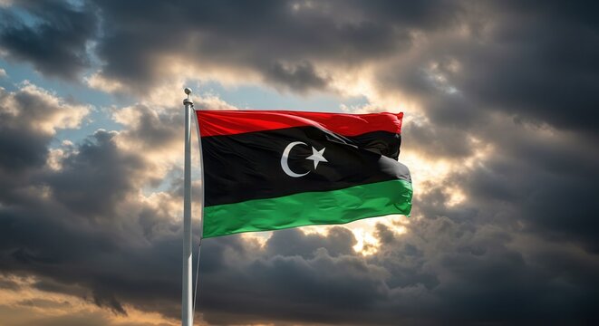 Libya National Flag Waving on Tall Flagpole in Sky with Clouds – Libya Independence Day Celebration, Patriotism, Freedom, Libya Culture & Heritage