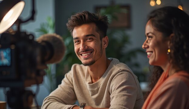smiling indian man gives live interview