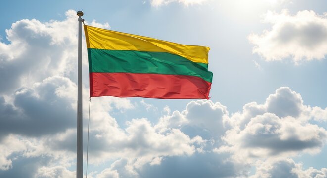Lithuania National Flag Waving on Tall Flagpole in Sky with Clouds – Lithuania Independence Day Celebration, Patriotism, Freedom, Lithuanian Culture & Heritage