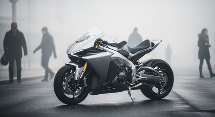 Fototapeta premium A sleek, modern motorcycle takes center stage on a foggy street, with blurred figures in the background